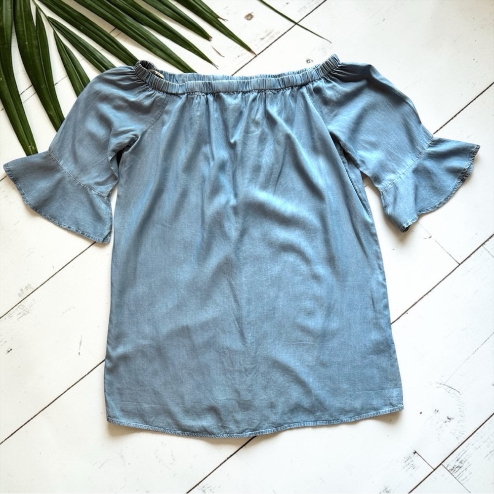Forever 21+ Off-Shoulder Chambray Dress | Light Wash Denim Look | Size 1X | NWT - Picture 8 of 16